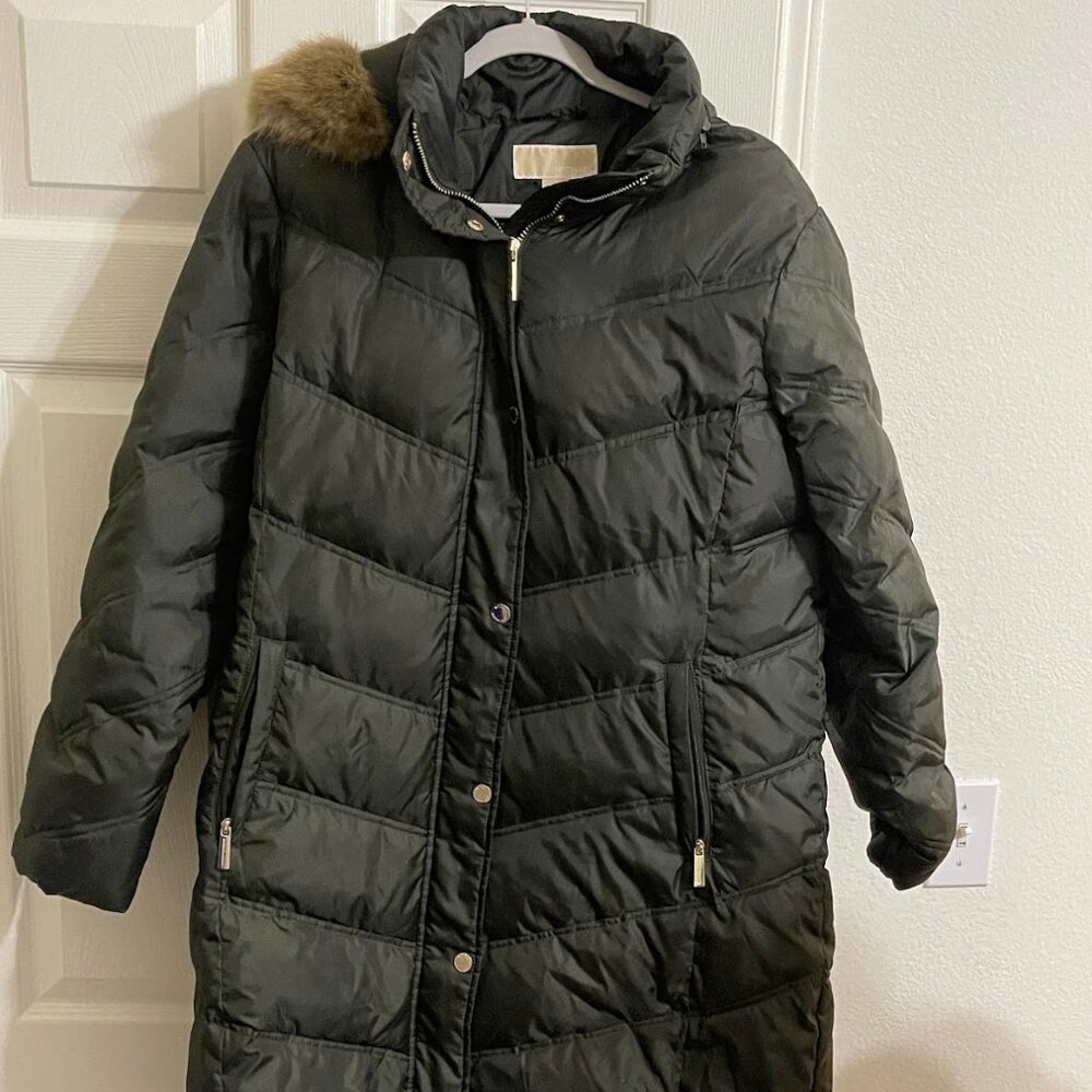 Michael Kors Full Zip Long Puffer Jacket w/ Faux-Fur Hood